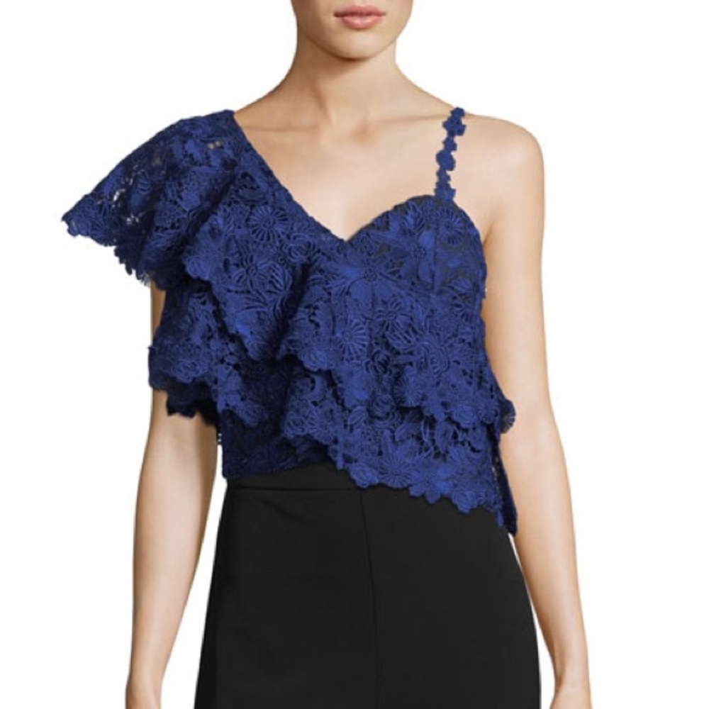 ALICE + OLIVIA One-Shoulder Lace Ruffle Crop Top